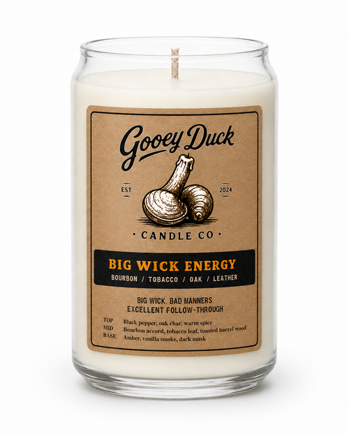 Gooey Duck Candle Co candle with label on a white background