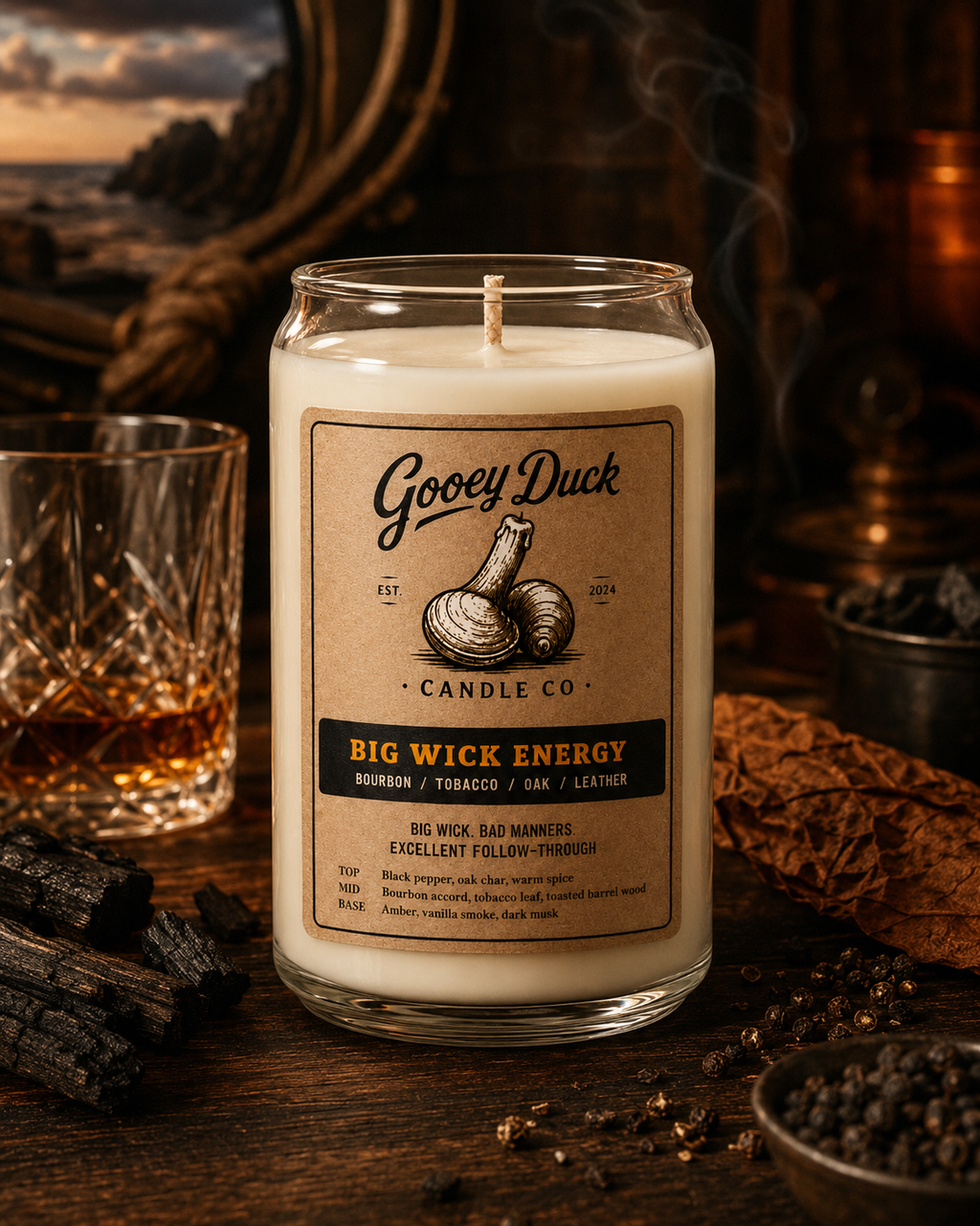 Gooey Duck candle with a label on a wooden surface with decorative elements.