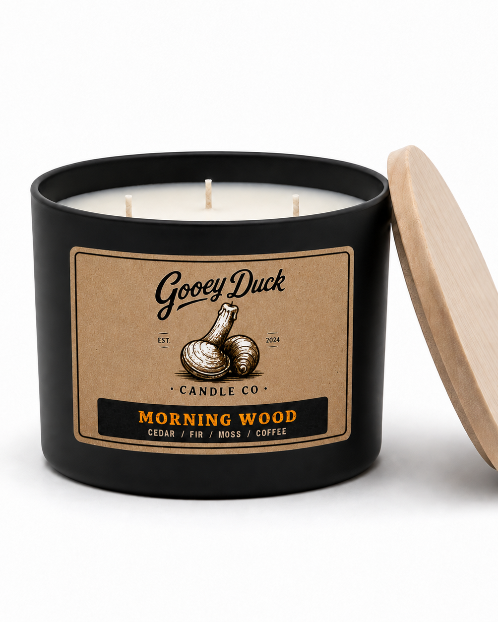 Gooey Duck candle with a wooden lid on a white background