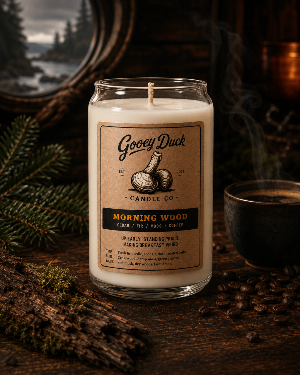 Gooey Duck Candle Co candle with a label on a wooden surface with a cup of coffee and pine branches.