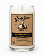 Gooey Duck candle with a label on a white background