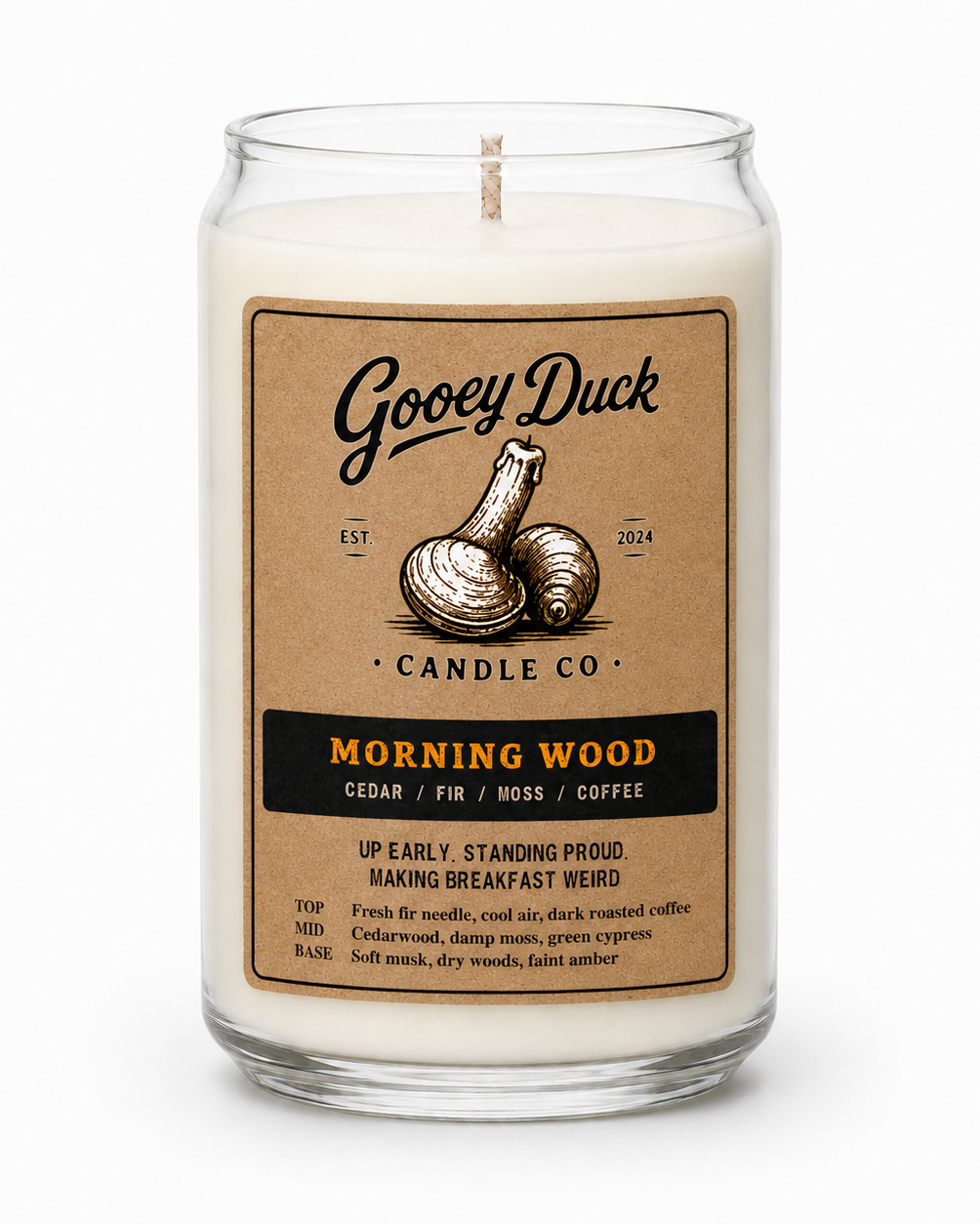 Gooey Duck candle with a label on a white background