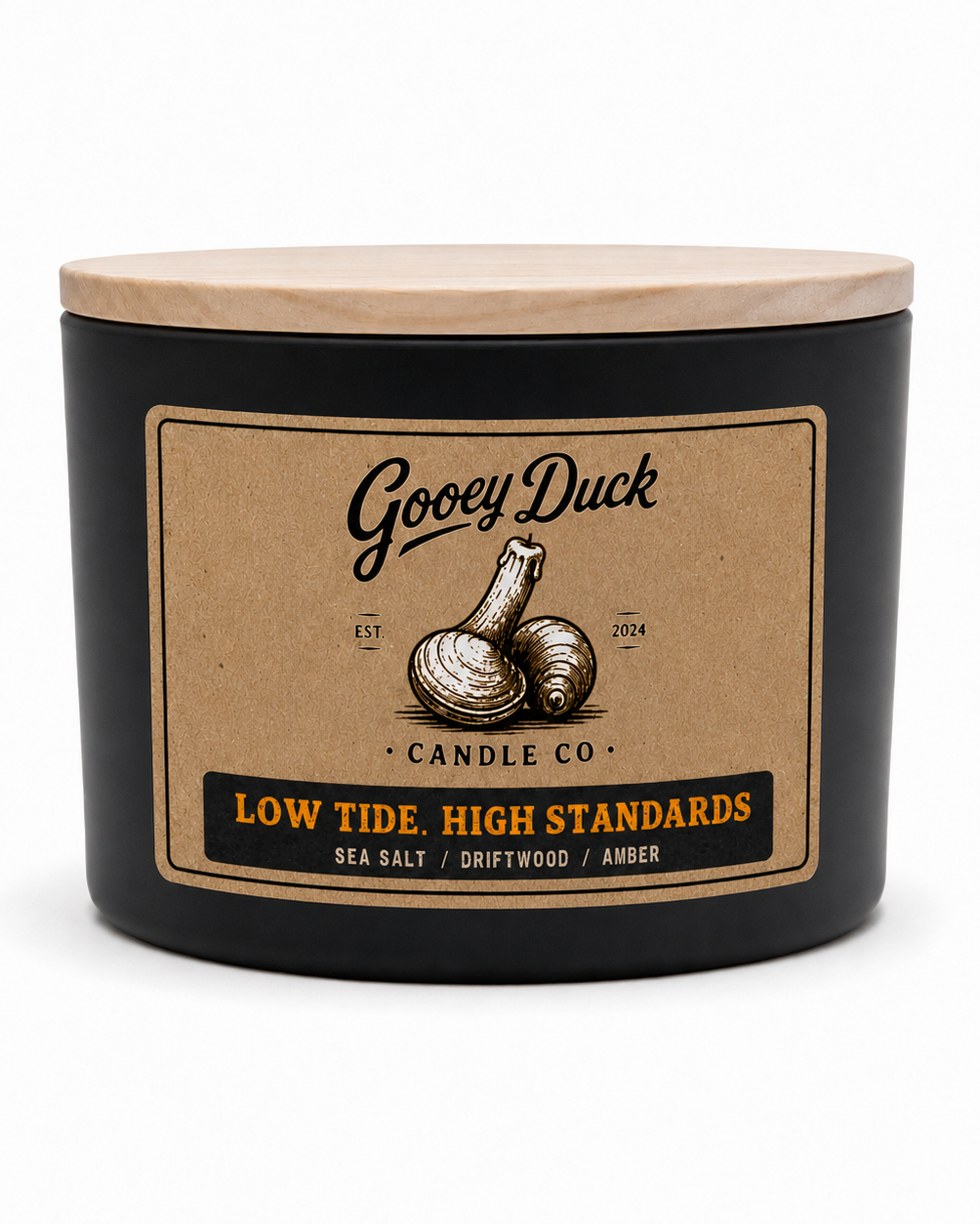 Gooey Duck Candle Co. candle with a wooden lid on a white background