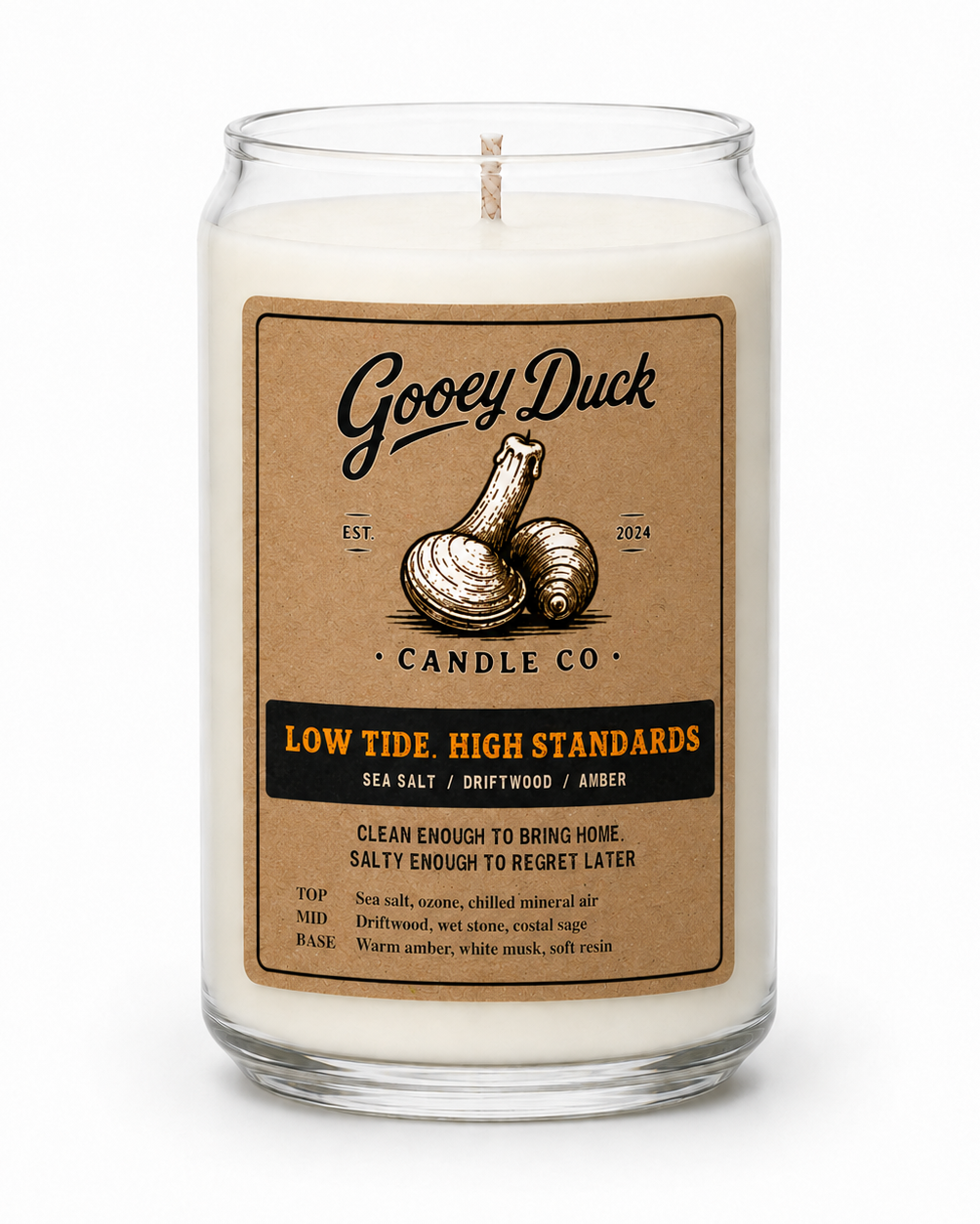 Gooey Duck candle with a label on a white background