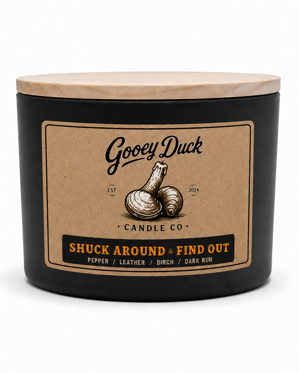 Gooey Duck Candle Co. candle with a label on a white background