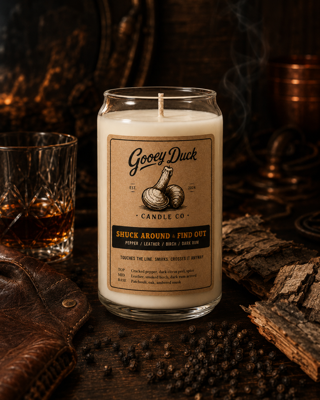 Gooey Duck candle with a label on a wooden surface with a glass of whiskey.