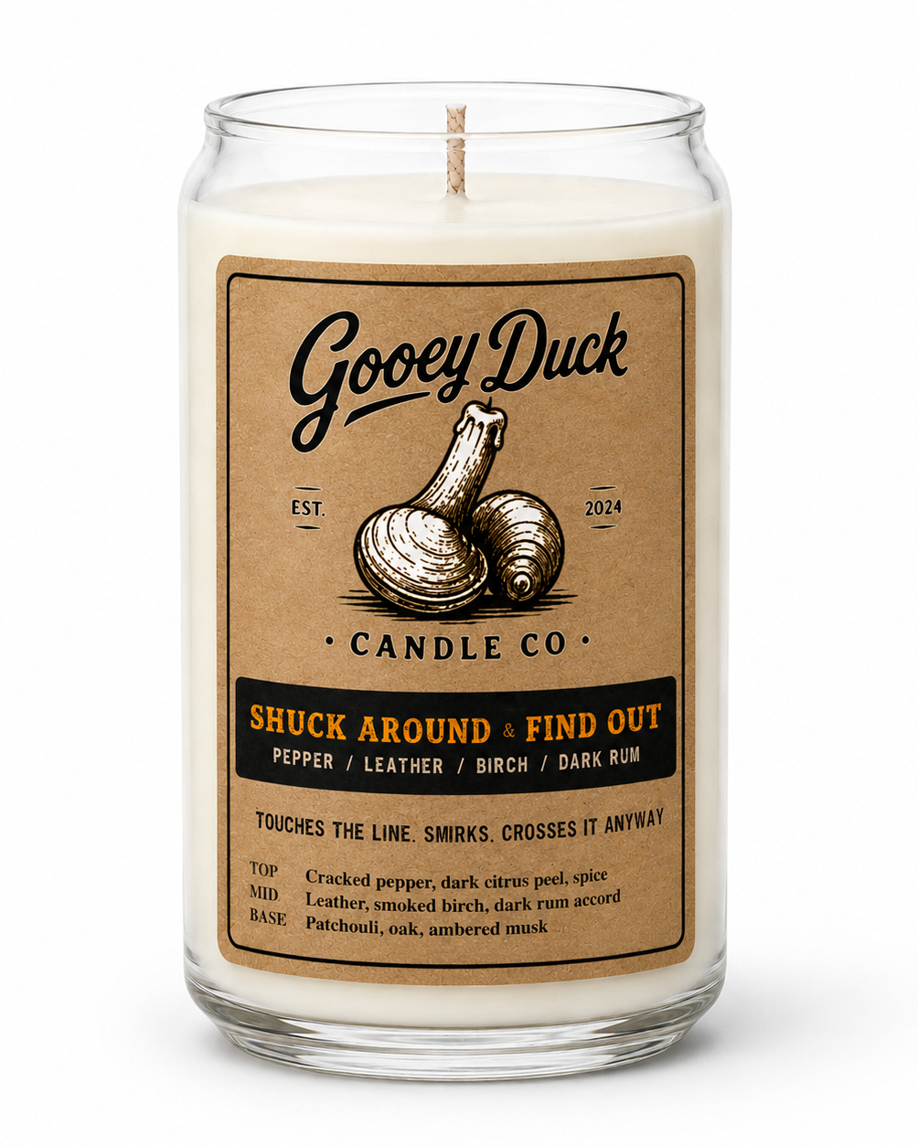Gooey Duck Candle Co candle with label on a white background