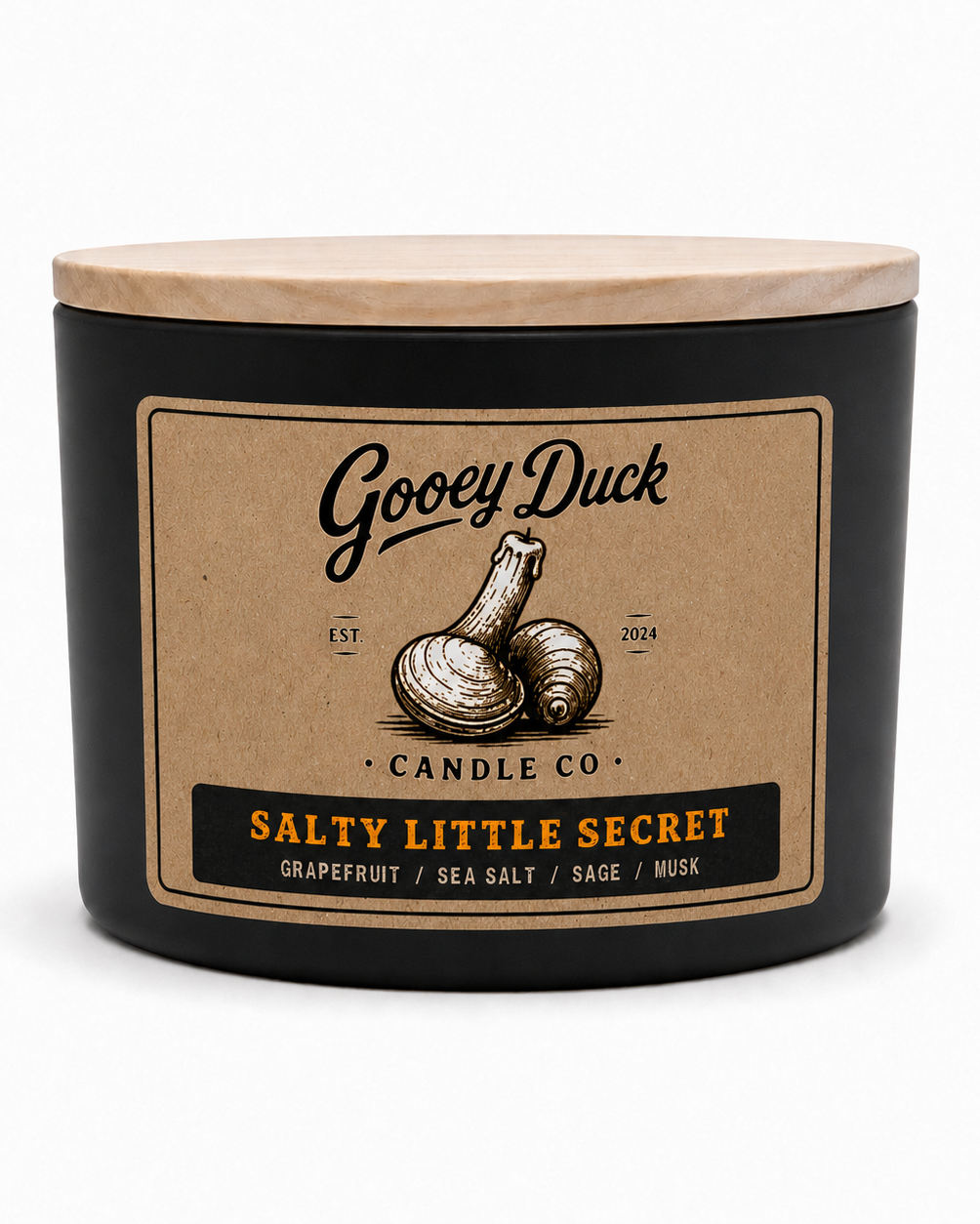 Gooey Duck Candle Co candle with a wooden lid on a white background