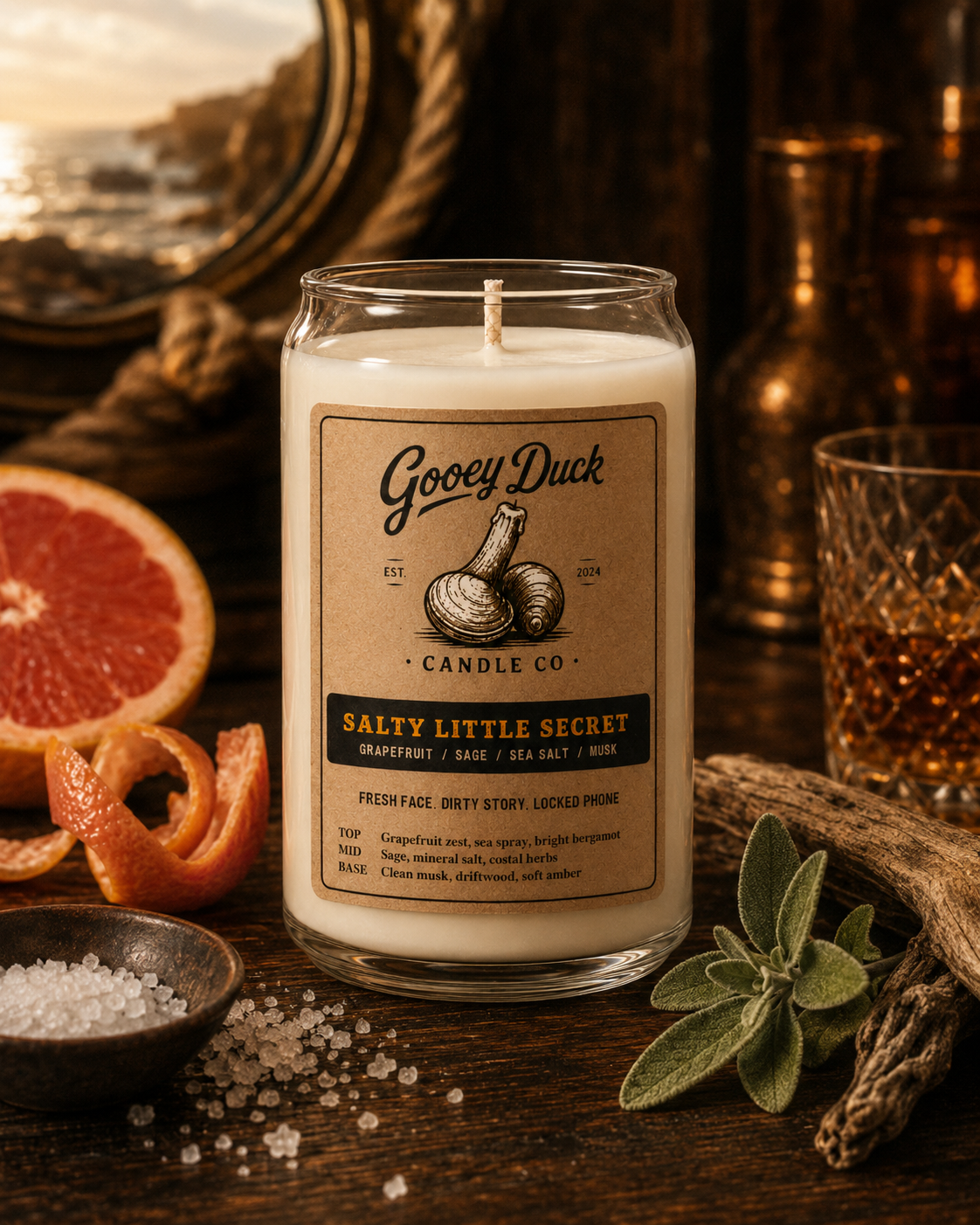Gooey Duck candle with a label on a wooden surface with decorative items.