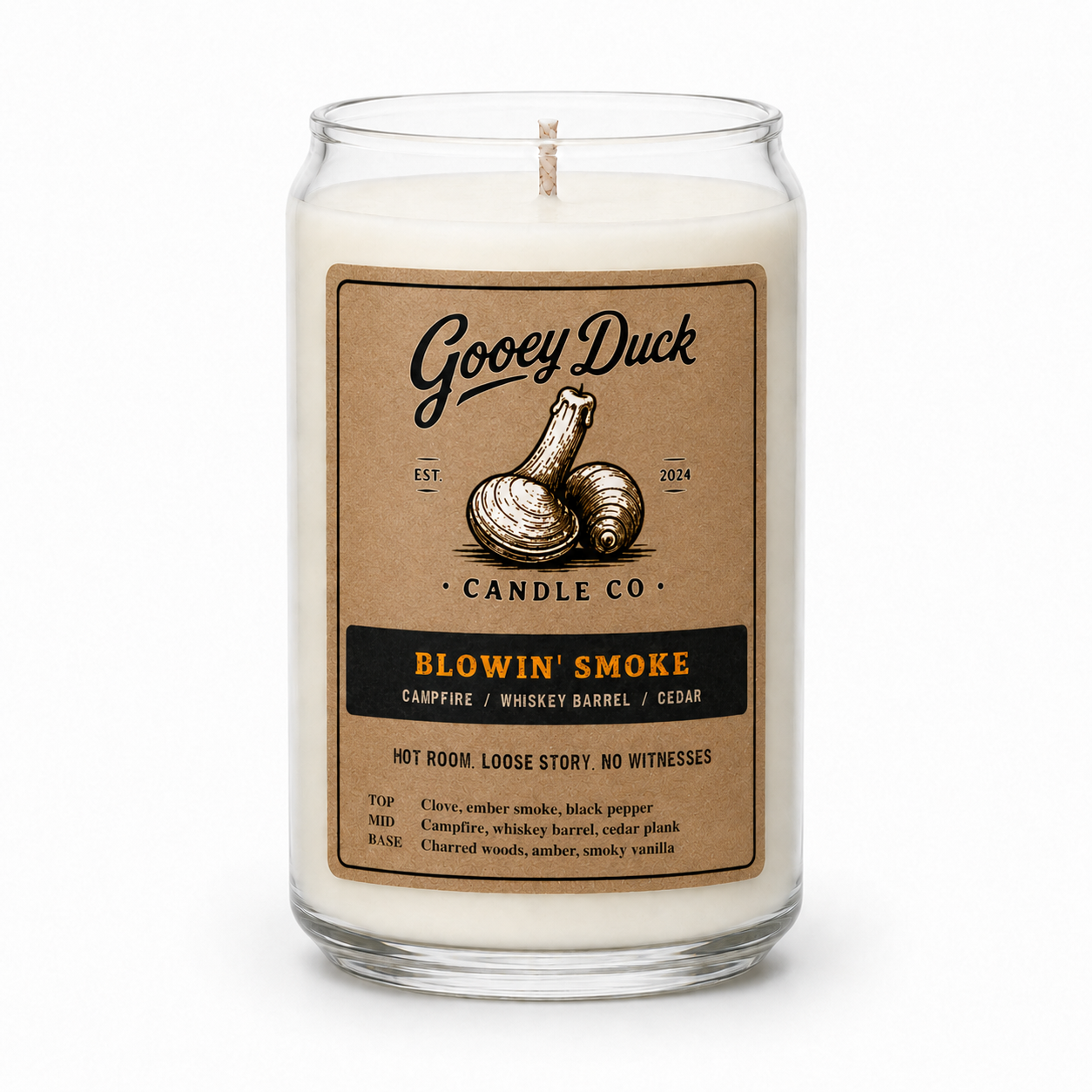 Gooey Duck Candle Co. candle with a label on a white background
