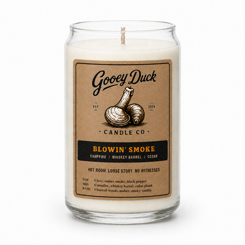 Gooey Duck Candle Co. candle with a label on a white background