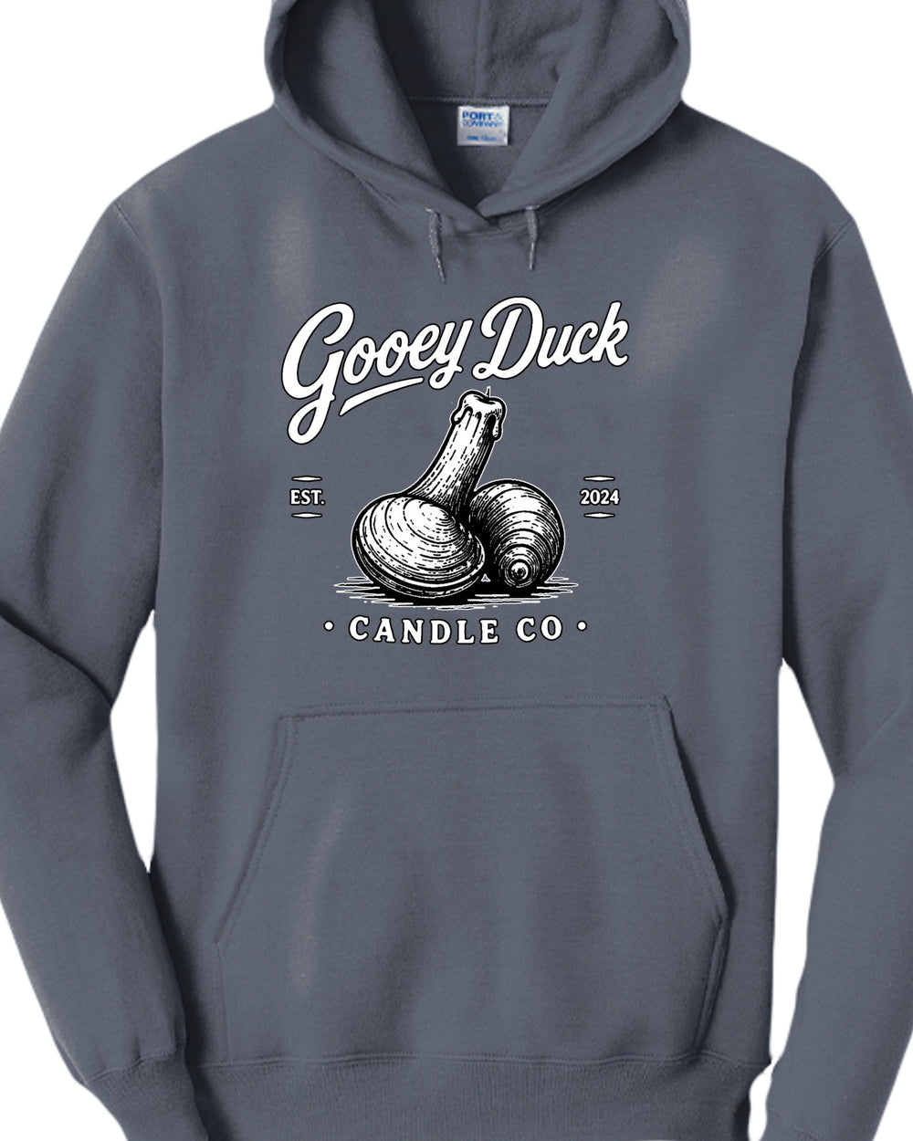Steel blue Gooey Duck Clam Logo Hoodie, front view