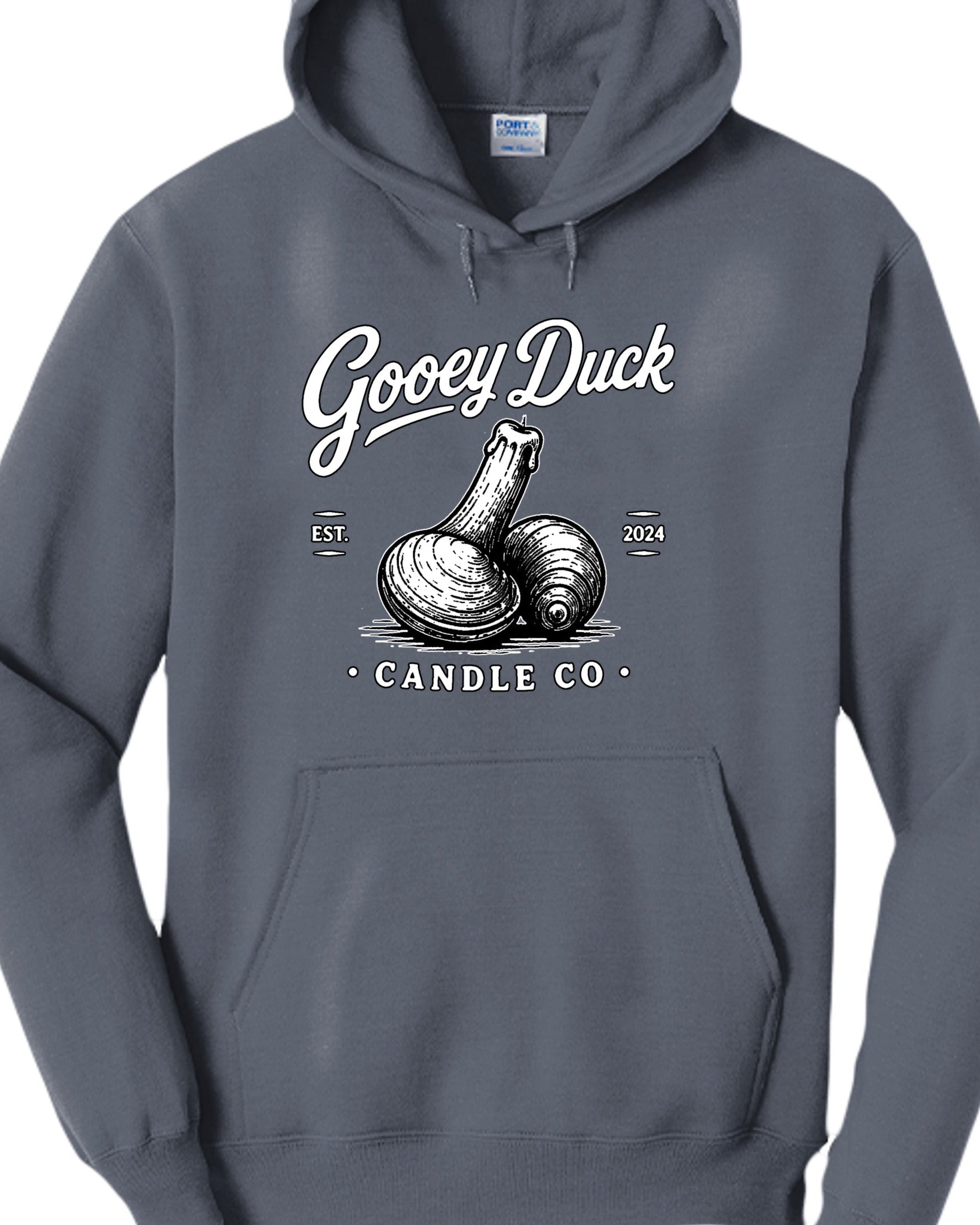 Steel blue Gooey Duck Clam Logo Hoodie, front view