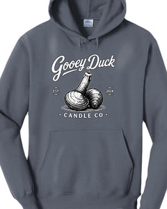 Steel blue Gooey Duck Clam Logo Hoodie, front view