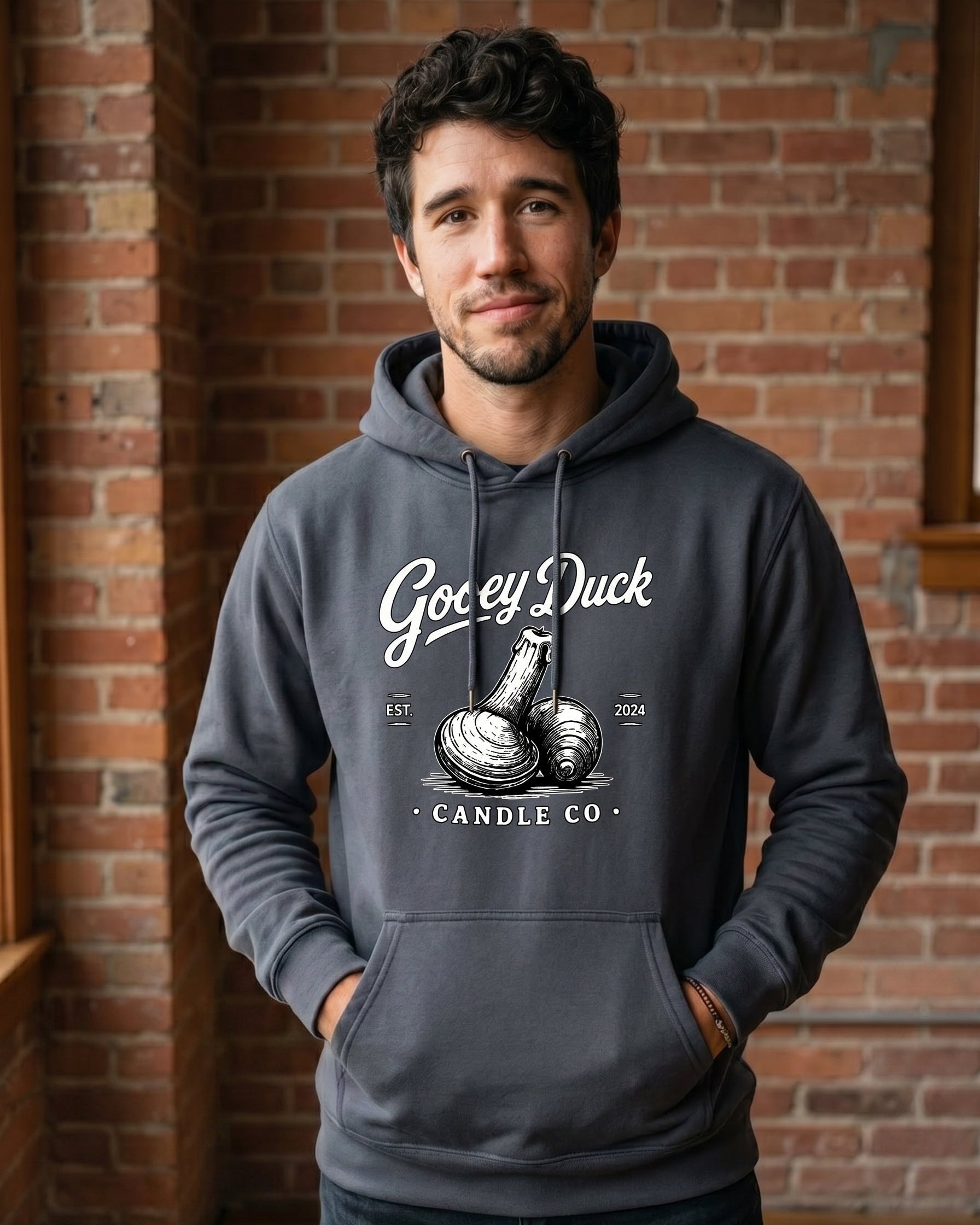 Model wearing steel blue Gooey Duck Clam Logo Hoodie