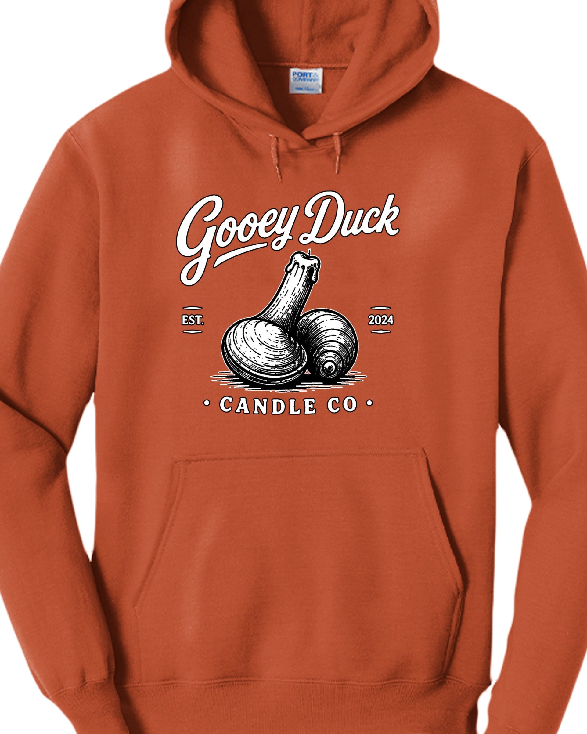 Orange Gooey Duck Clam Logo Hoodie, front view