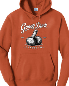 Orange Gooey Duck Clam Logo Hoodie, front view