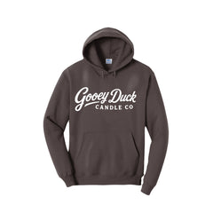 Dark chocolate brown Gooey Duck Wordmark Hoodie, front view