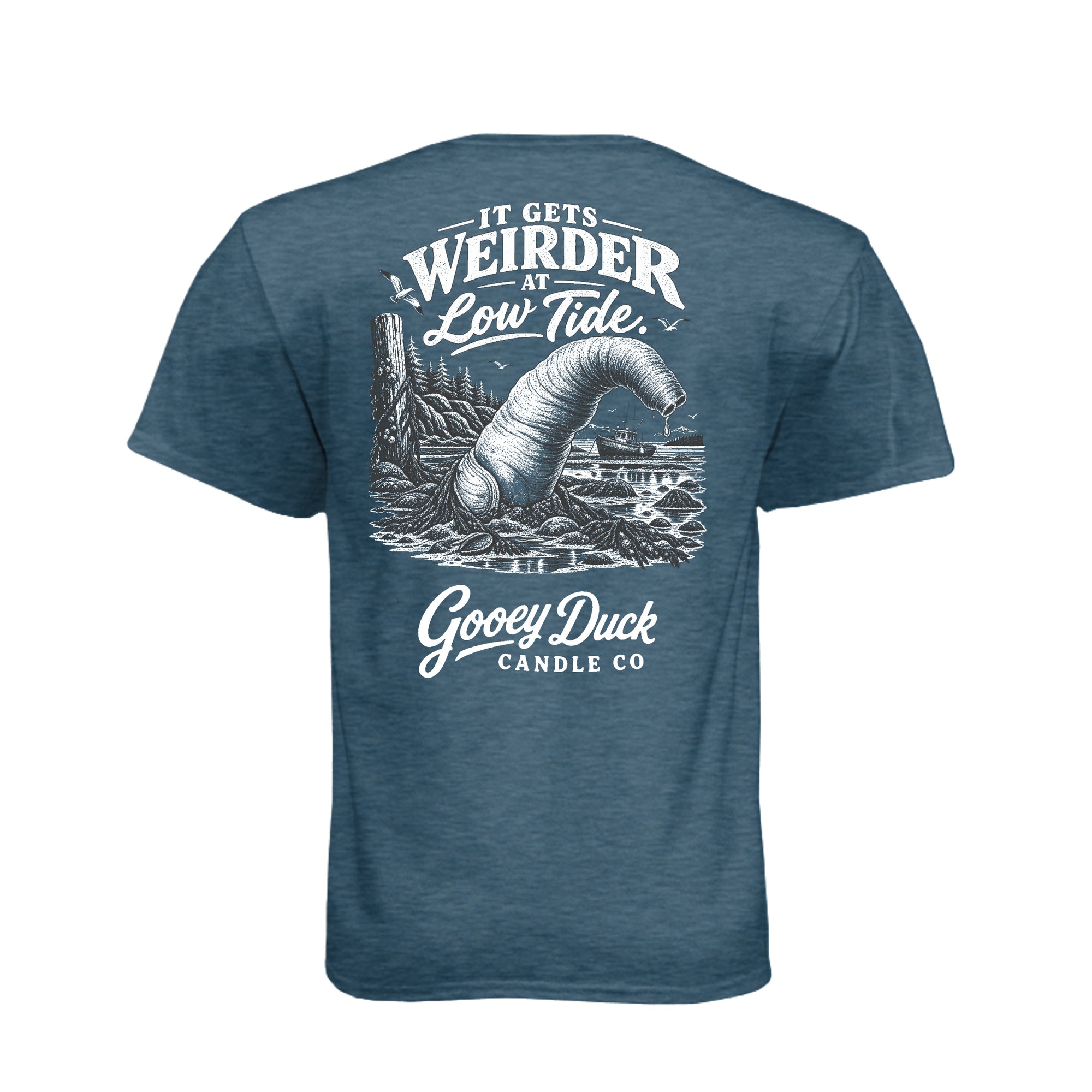 Indigo geoduck tee with ‘It Gets Weirder at Low Tide’ artwork, back view