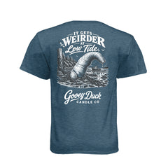 Indigo geoduck tee with ‘It Gets Weirder at Low Tide’ artwork, back view