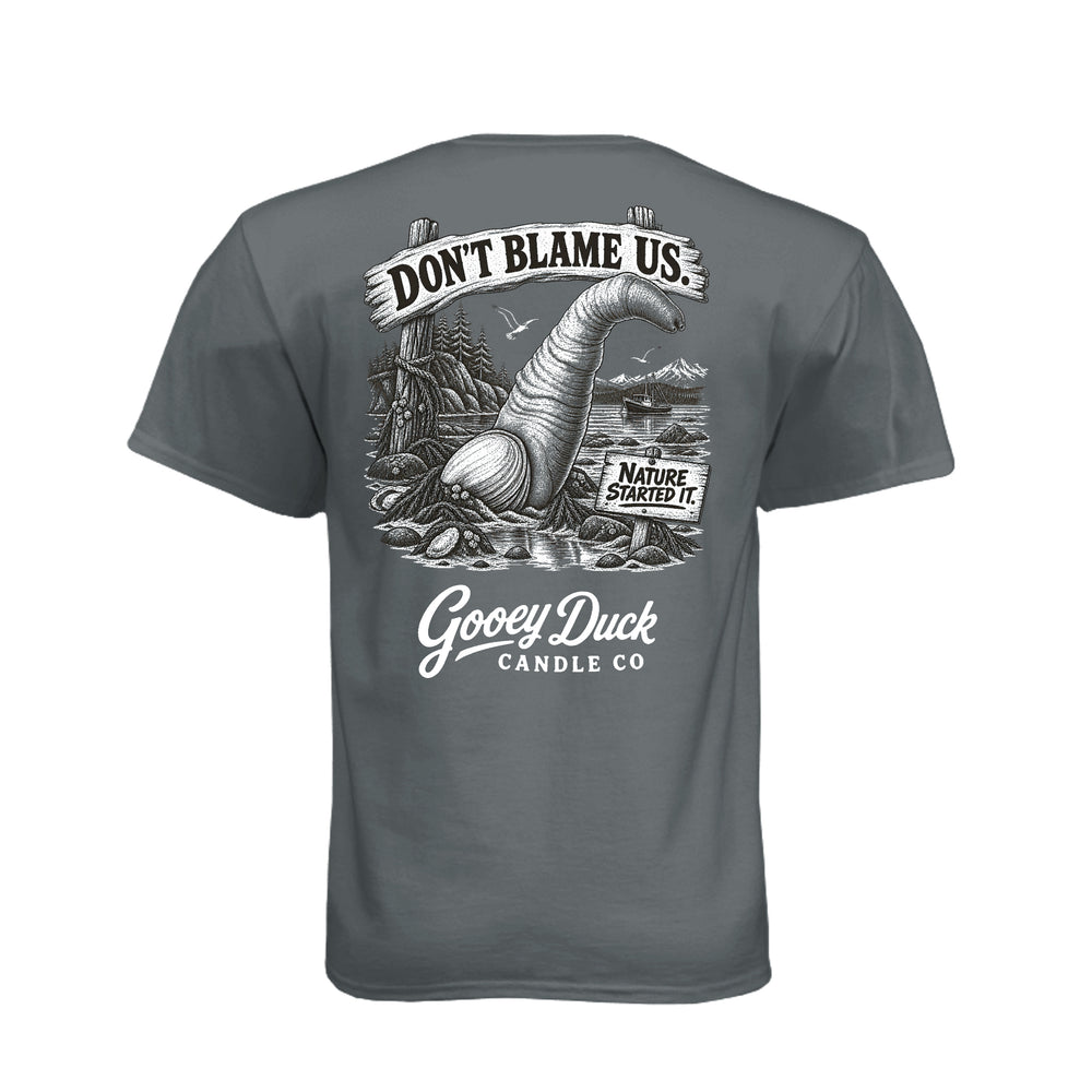 Vintage Heavy Metal geoduck tee with ‘Don’t Blame Us. Nature Started It.’ artwork, back view