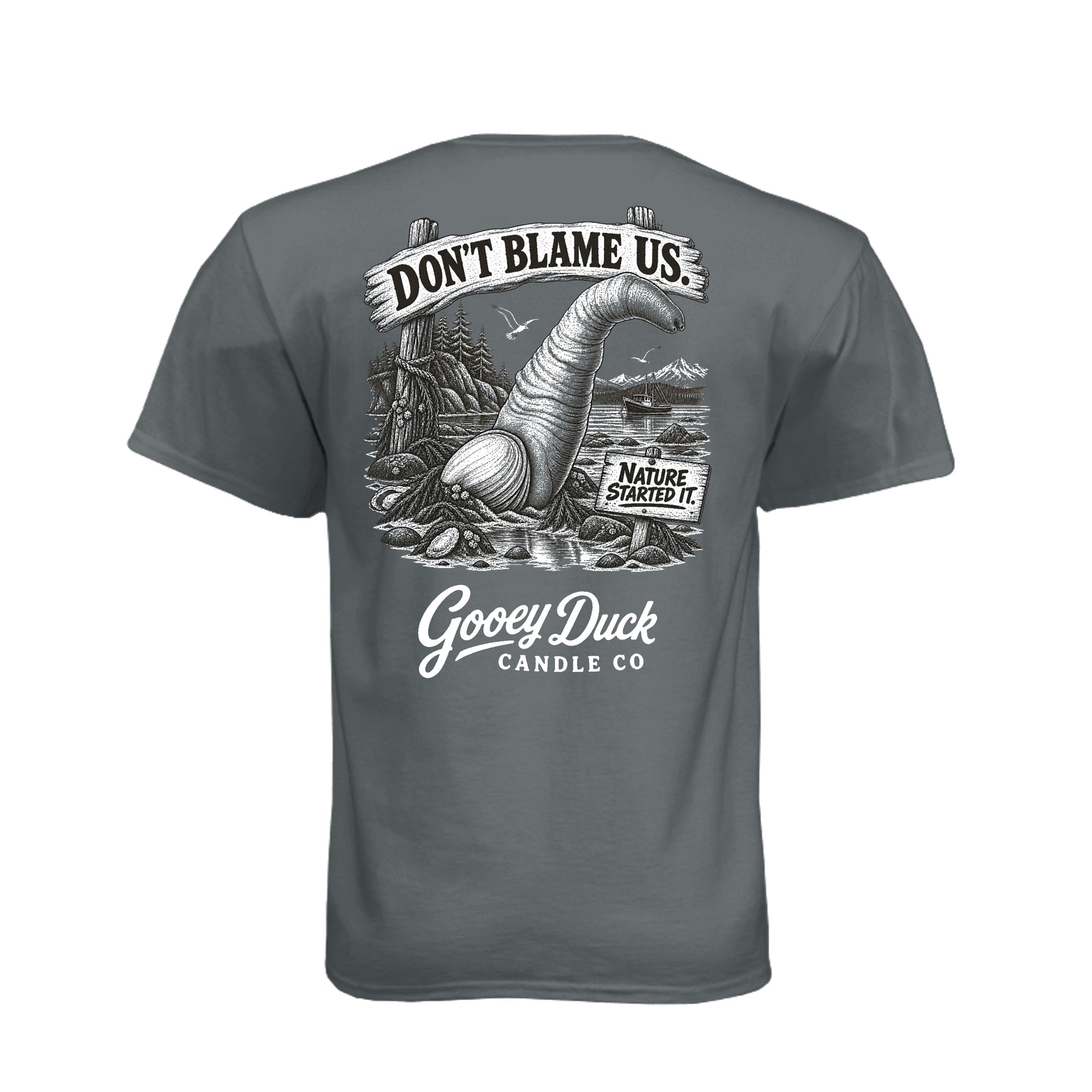 Vintage Heavy Metal geoduck tee with ‘Don’t Blame Us. Nature Started It.’ artwork, back view