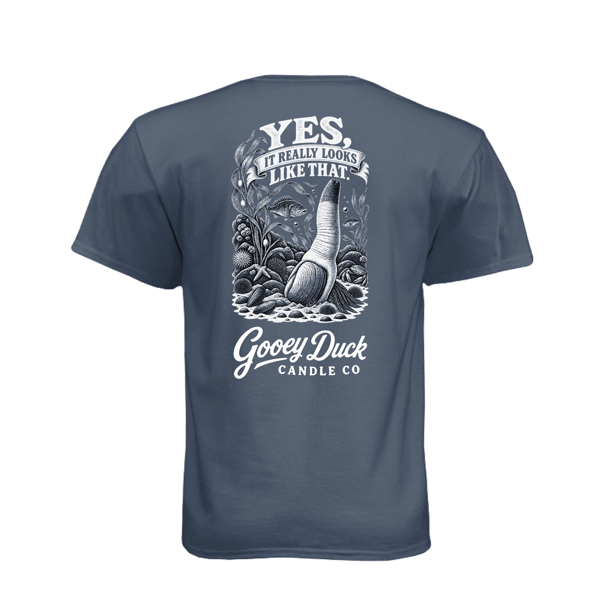 Legion blue geoduck tee with ‘Yes, It Really Looks Like That’ artwork, back view