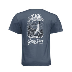 Legion blue geoduck tee with ‘Yes, It Really Looks Like That’ artwork, back view