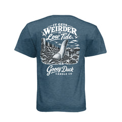 Indigo It Gets Weirder at Low Tide Gooey Duck T-shirt, back graphic