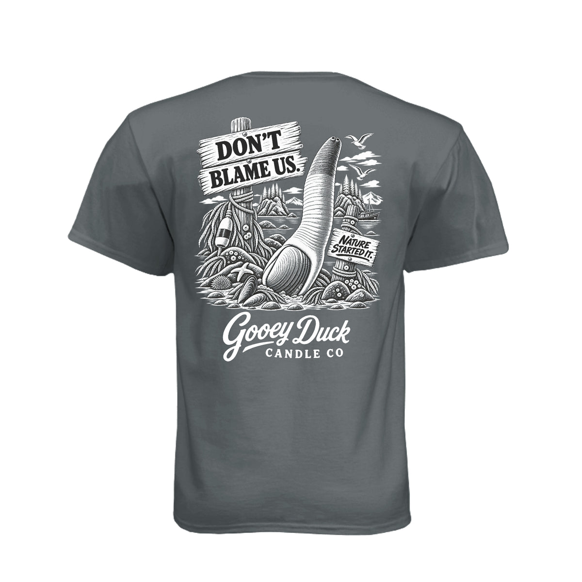 Vintage Heavy Metal Don't Blame Us Nature Started It Gooey Duck T-shirt, back graphic