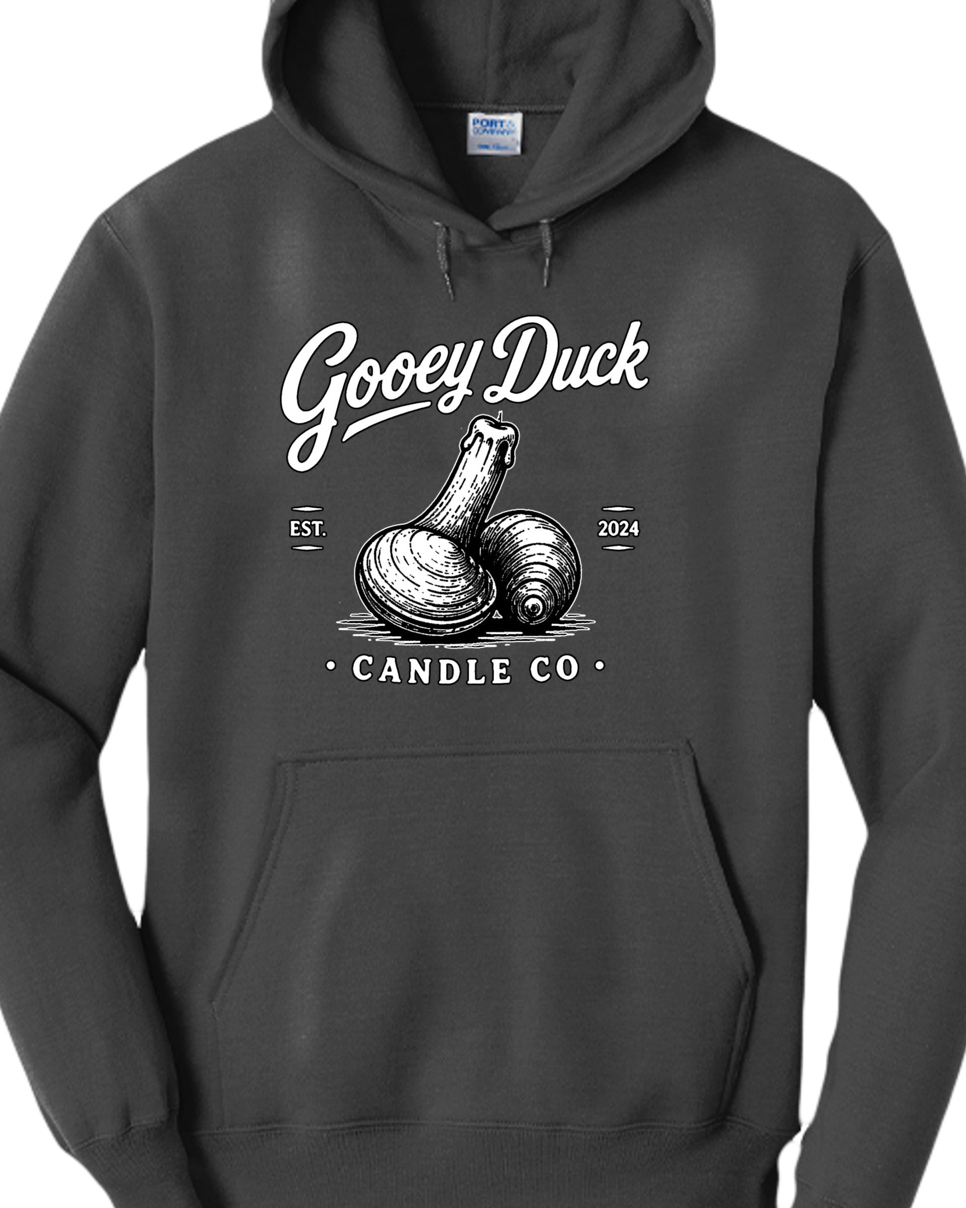 Jet black Gooey Duck Clam Logo Hoodie, front view
