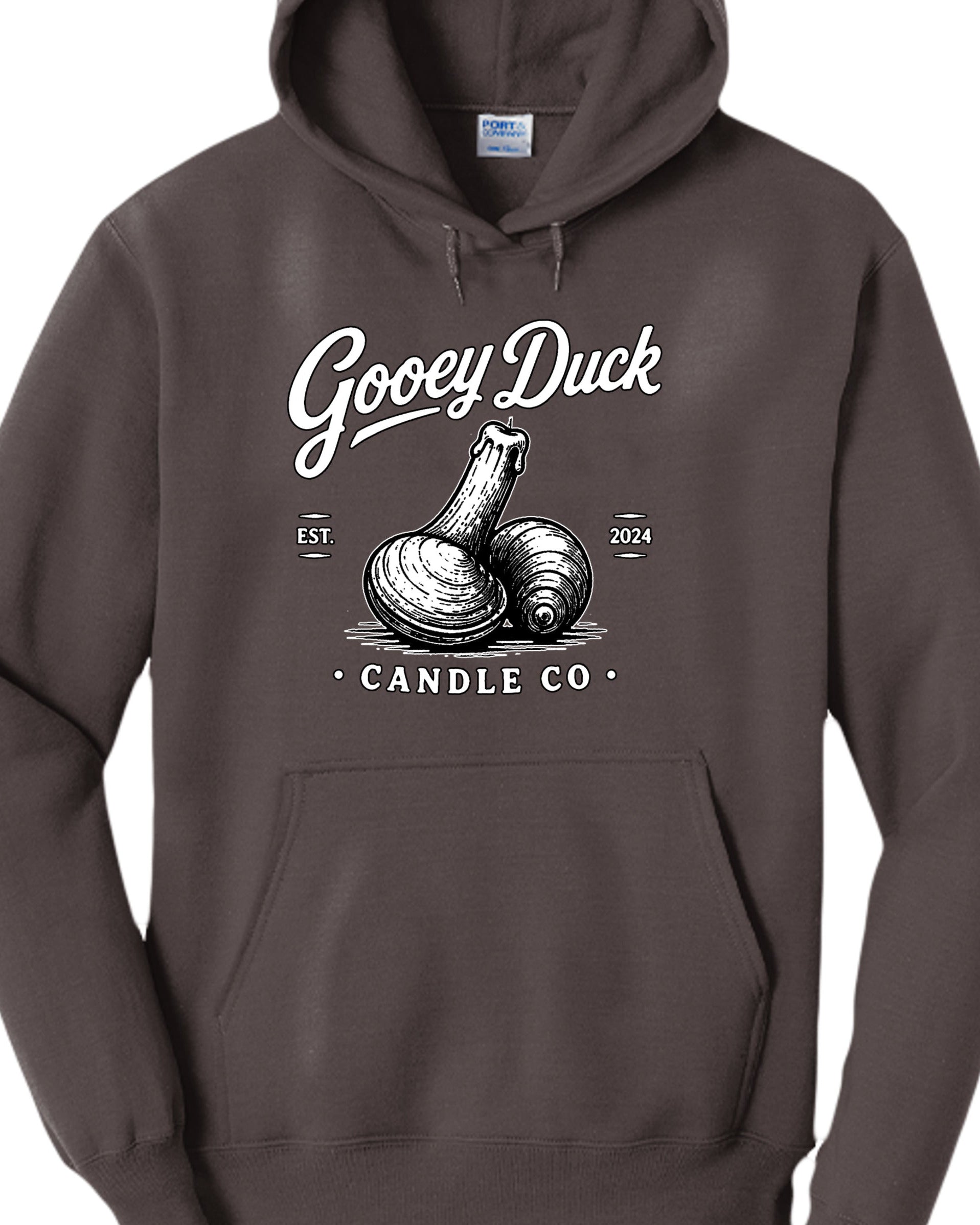 Dark chocolate brown Gooey Duck Clam Logo Hoodie, front view