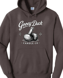 Dark chocolate brown Gooey Duck Clam Logo Hoodie, front view